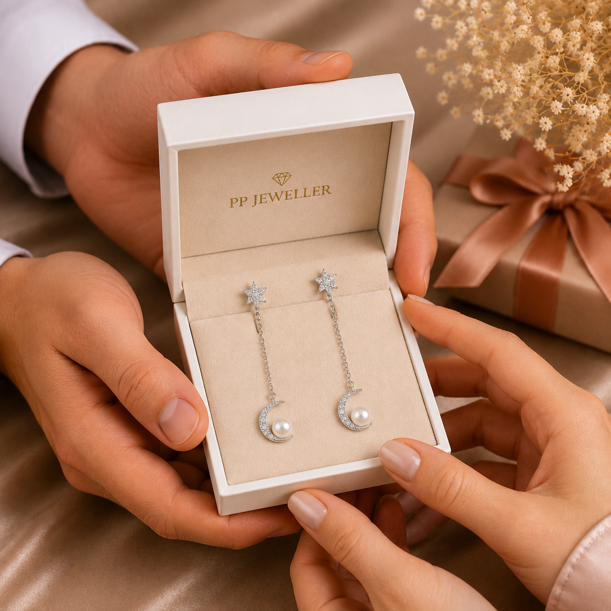 Riva Pearl Moon Star Silver Earrings