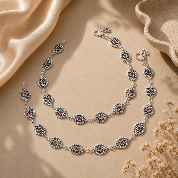 Vintage Stone Motif Silver Anklets
