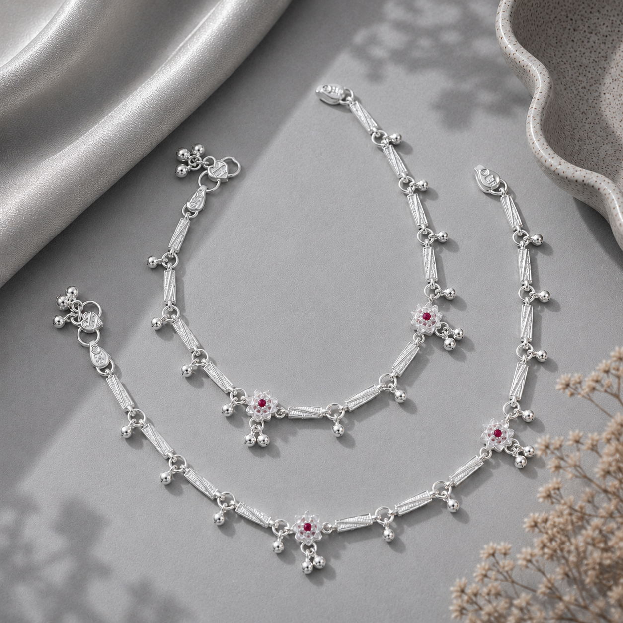 Ruby Bloom Sterling Silver Anklets