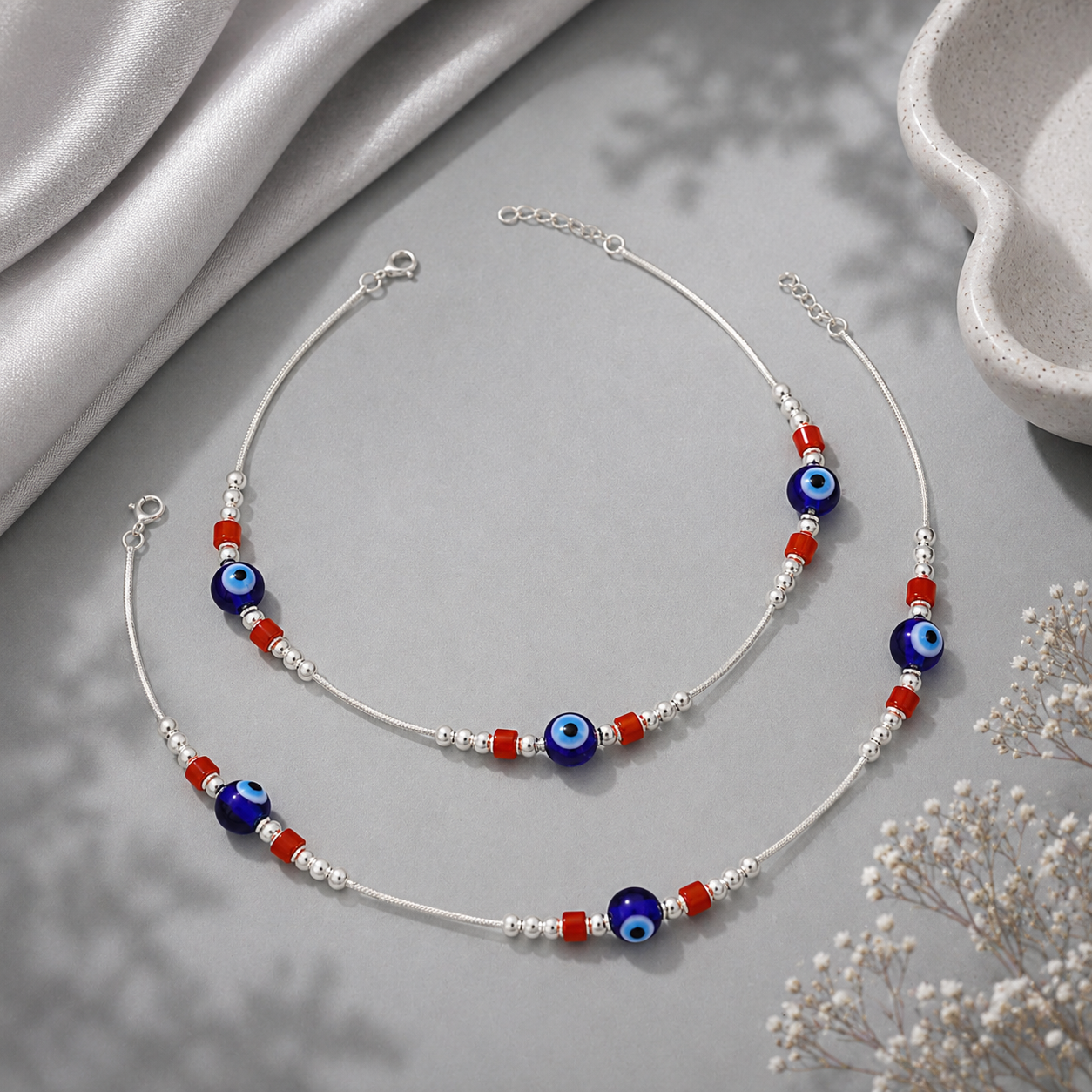 Blue Evil Eye Protection Silver Anklets
