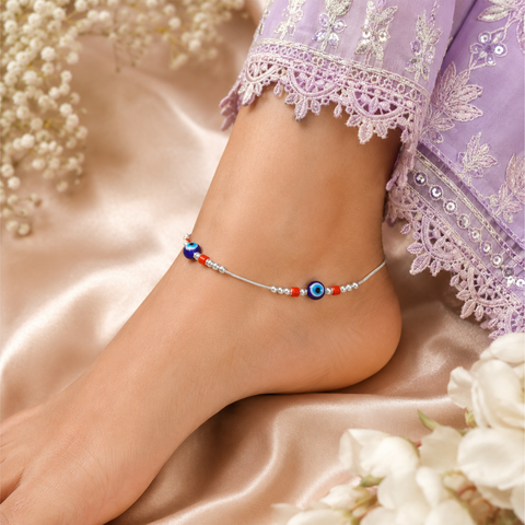 Blue Evil Eye Protection Silver Anklets
