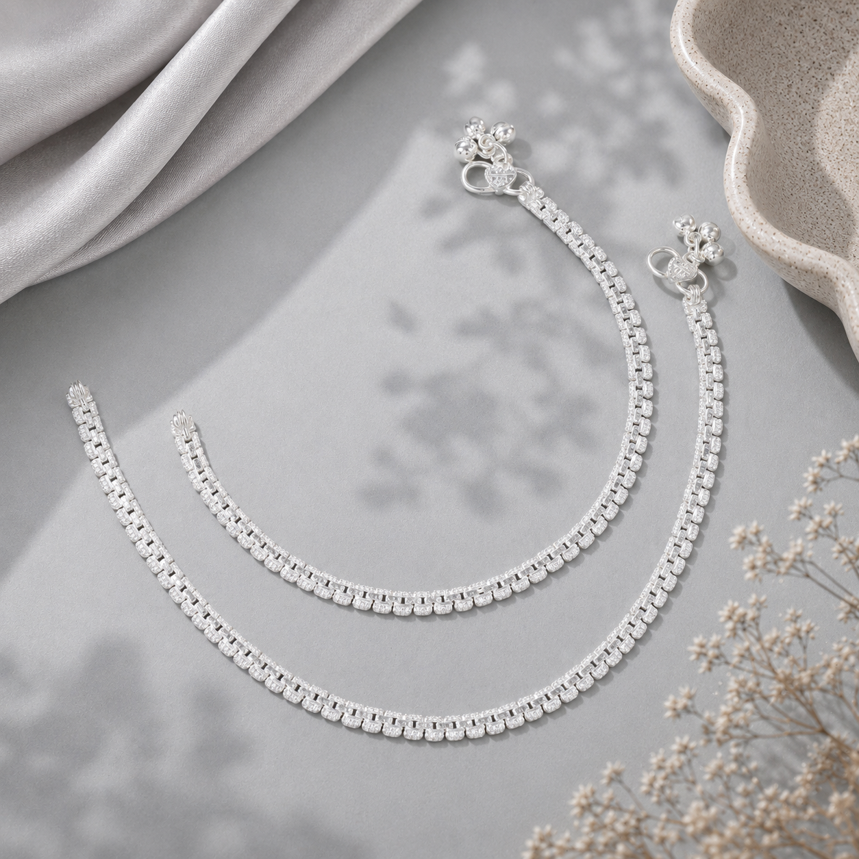 Shimmer Link Silver Anklets