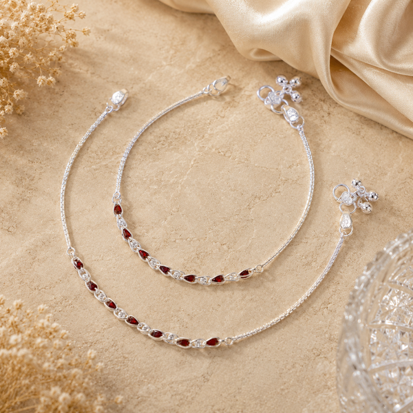 Maroon Gleam Silver Anklets