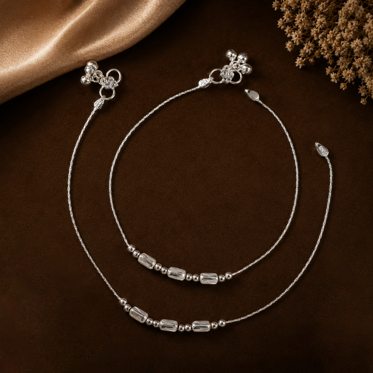 Ruhani Bead Silver Anklets