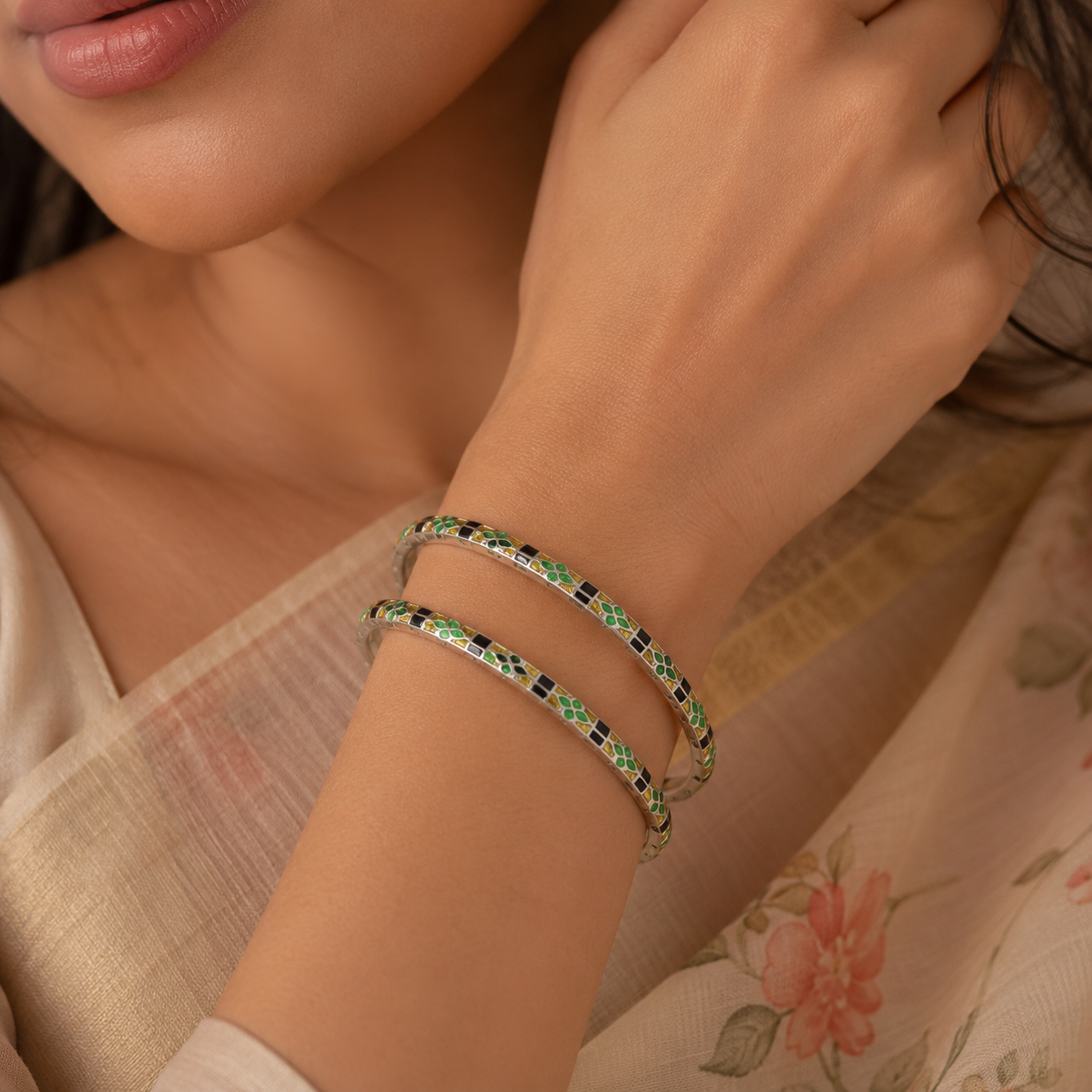 Ahana Evergreen Bloom Silver Bangles