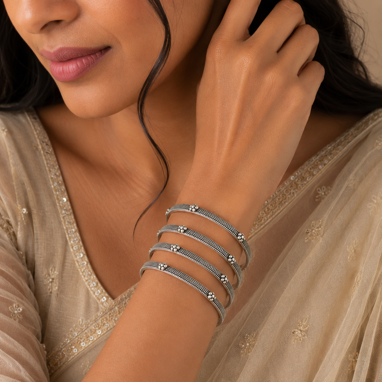 Myra Bead Elegance Silver Bangles
