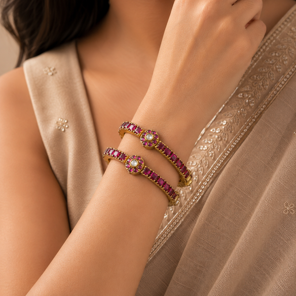 Seema Crimson Pearl Silver Bangles