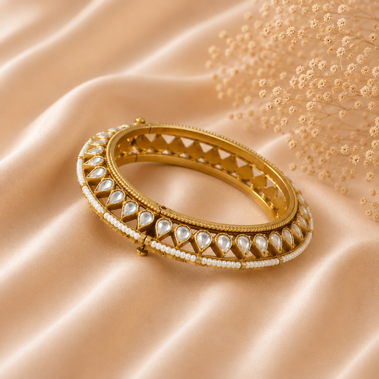 Ivory Kundan Silver Bangle
