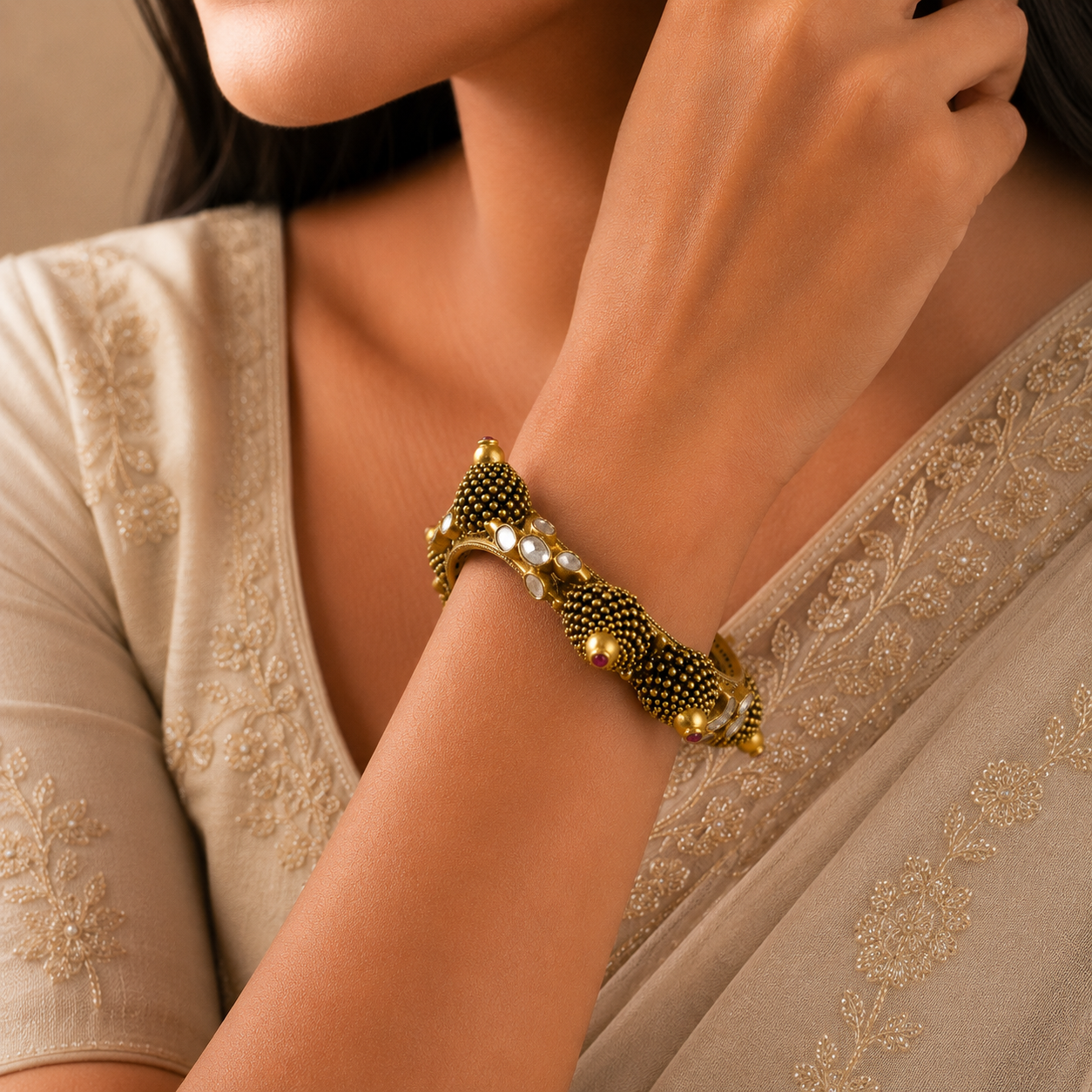 Rajwadi Kundan Silver Bangle