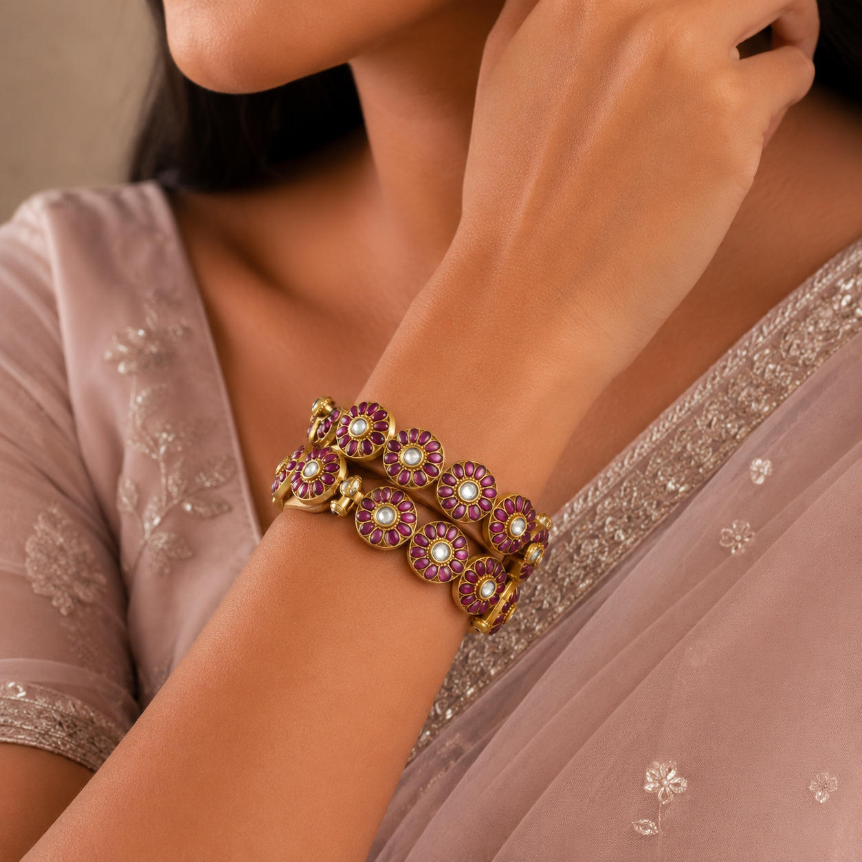 Avisha Floral Kundan Silver Bangles