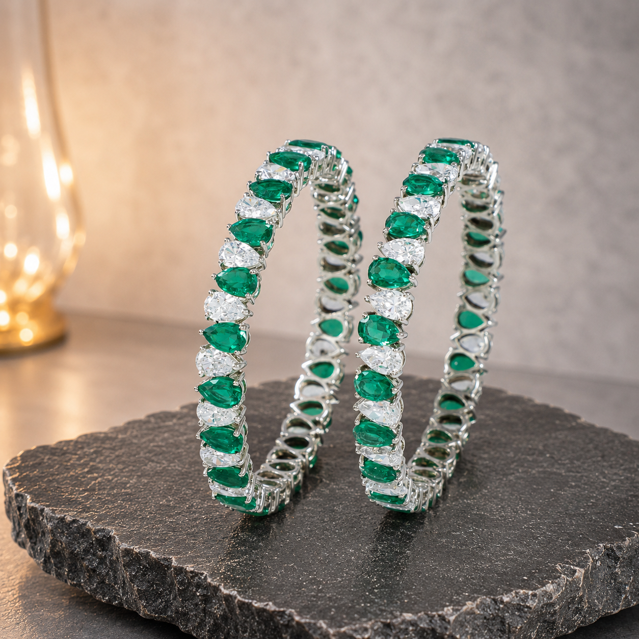 Urvi Green Stone Silver Bangles