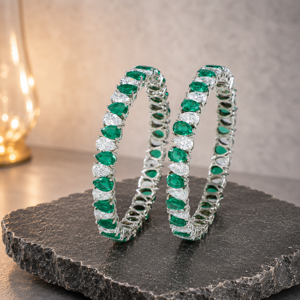 Urvi Green Stone Silver Bangles