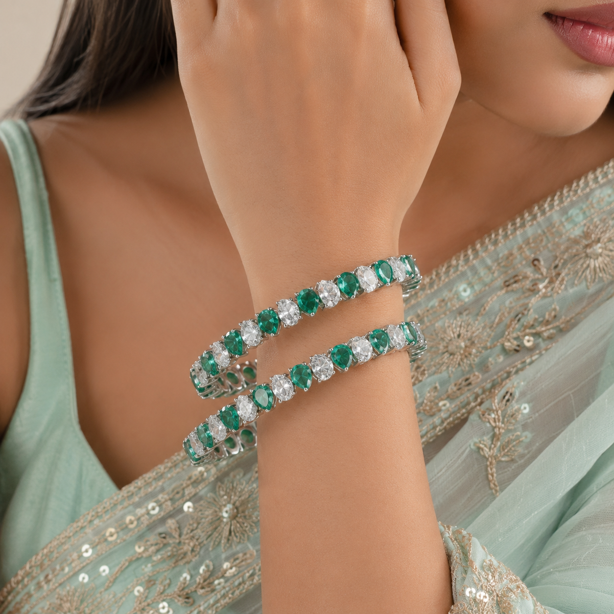 Urvi Green Stone Silver Bangles