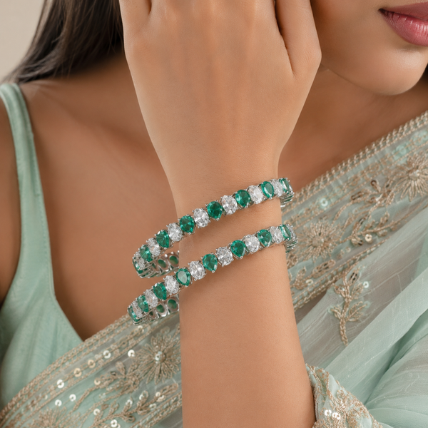 Urvi Green Stone Silver Bangles