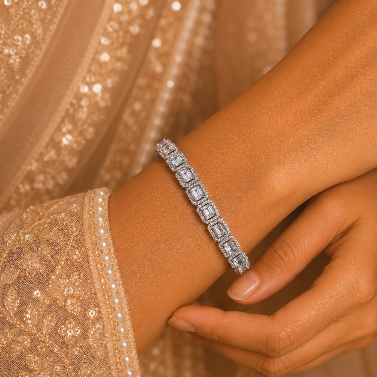 Aarohi Square Glow  Silver Bracelet