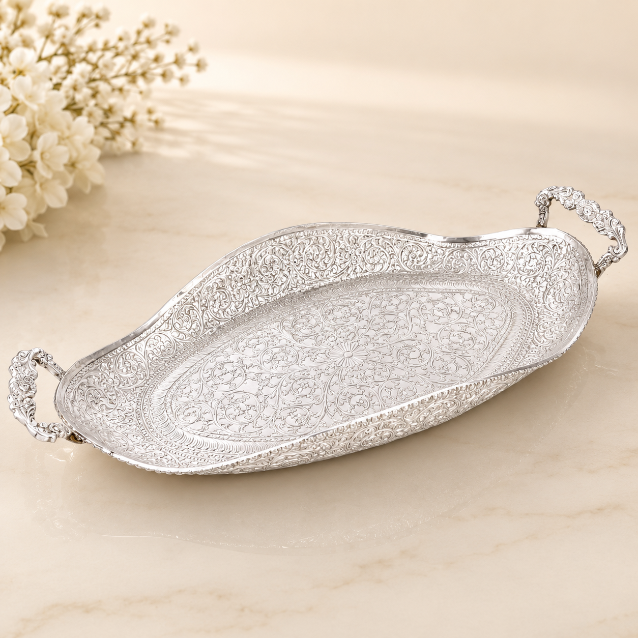Oval Engraved Silver Serving Tray