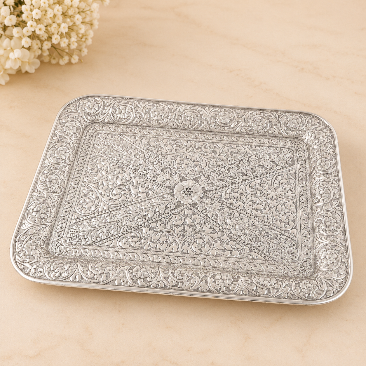 Rectangular Hand-Engraved Silver Tray
