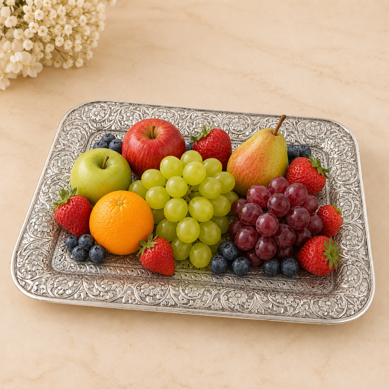 Rectangular Hand-Engraved Silver Tray