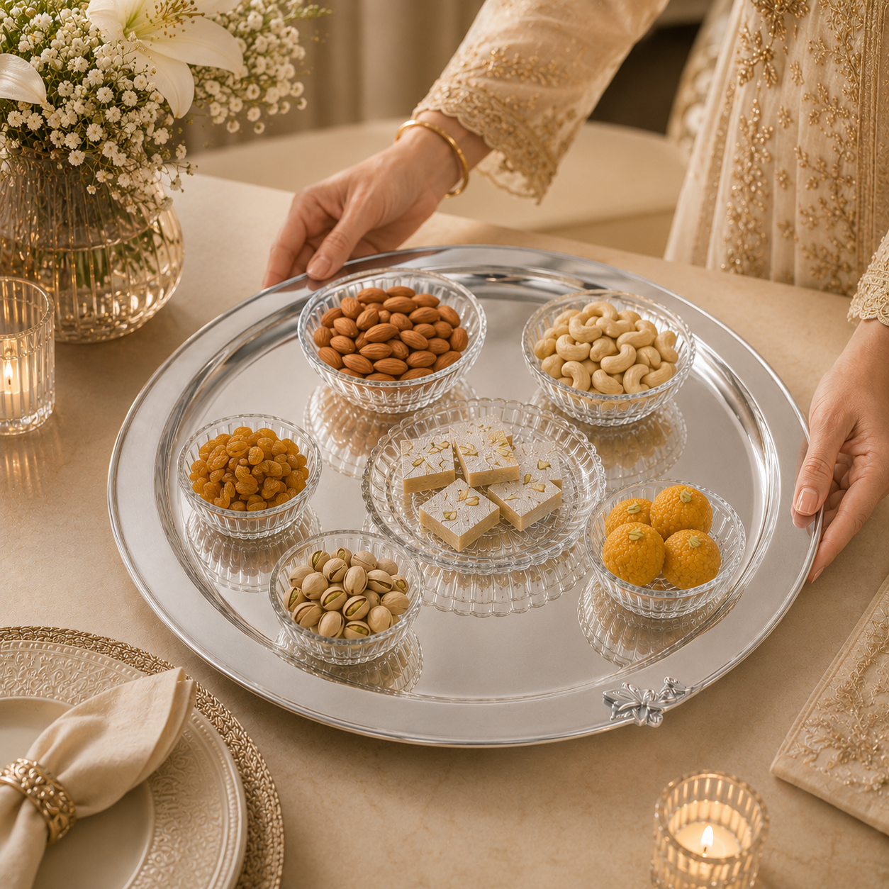 Premium Plain Silver Plate with Leaf Accent