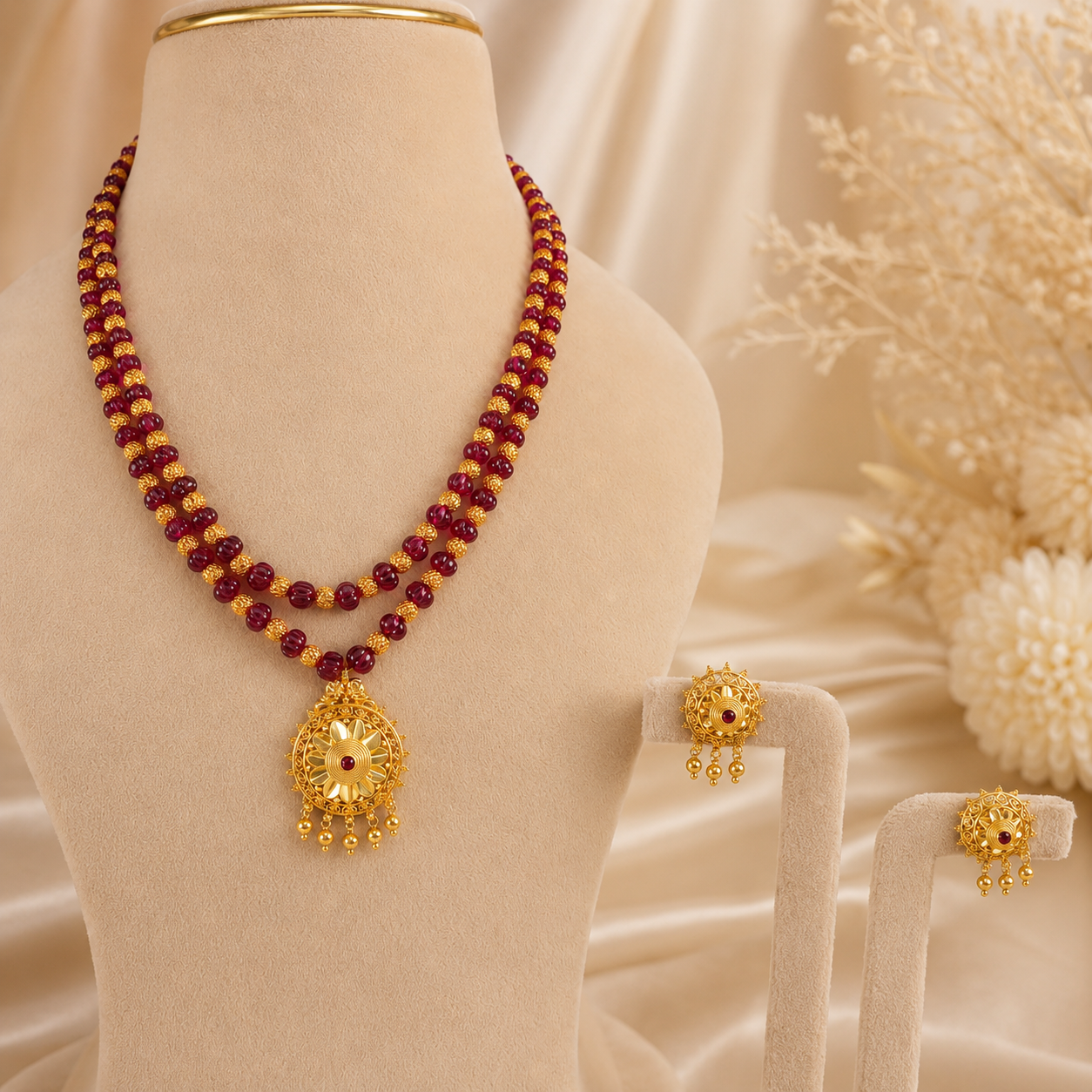 Siya Floral Ruby Gold Necklace Set