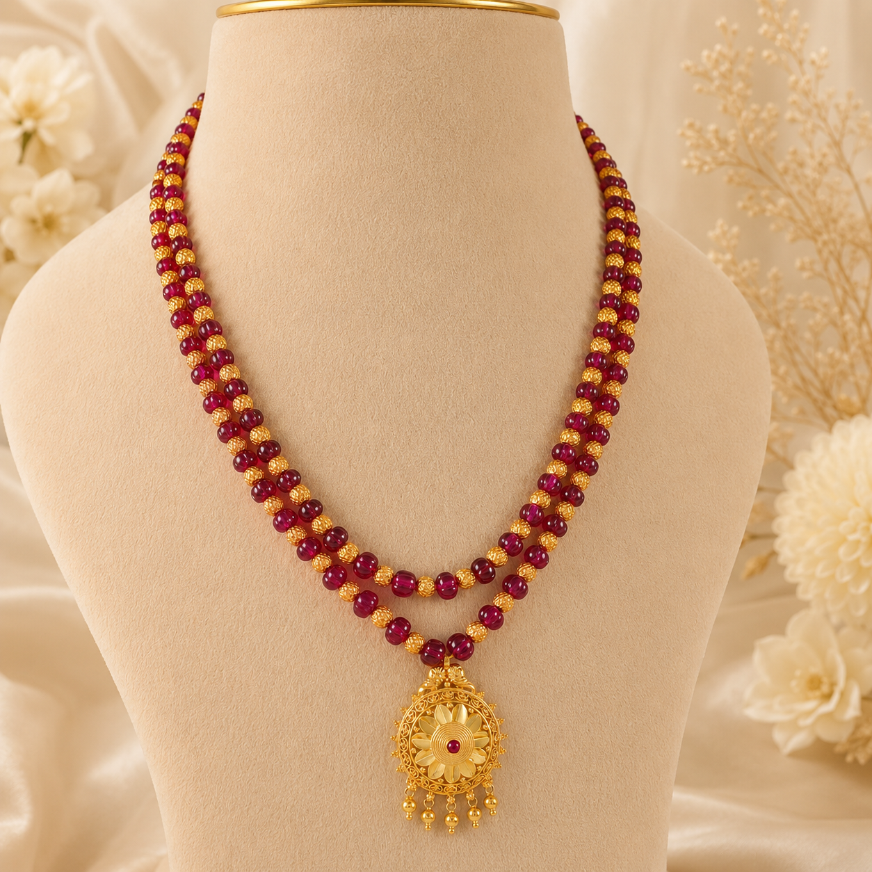 Siya Floral Ruby Gold Necklace Set