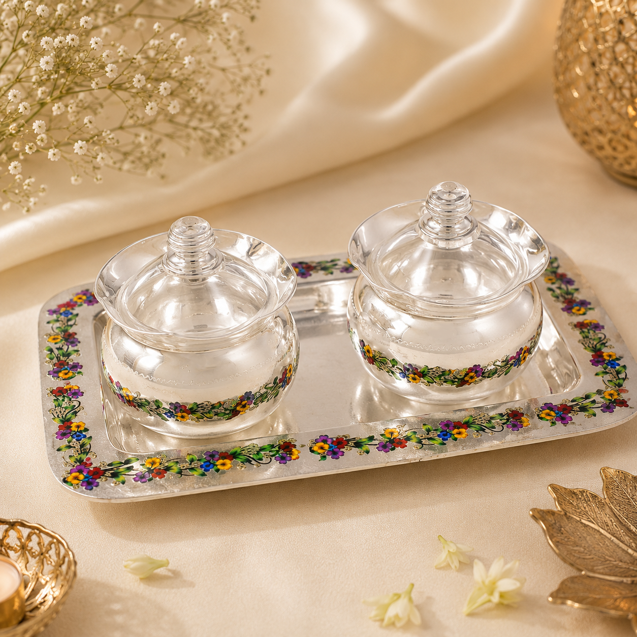 Floral Twin Server Silver Tray Set