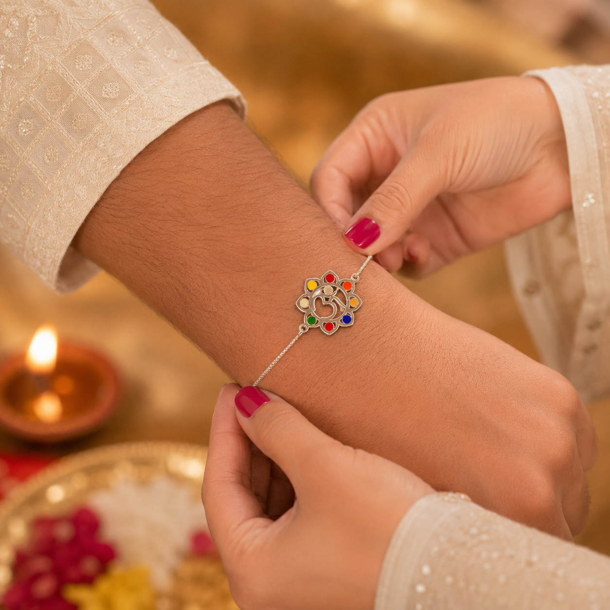 Om Floral Silver Rakhi