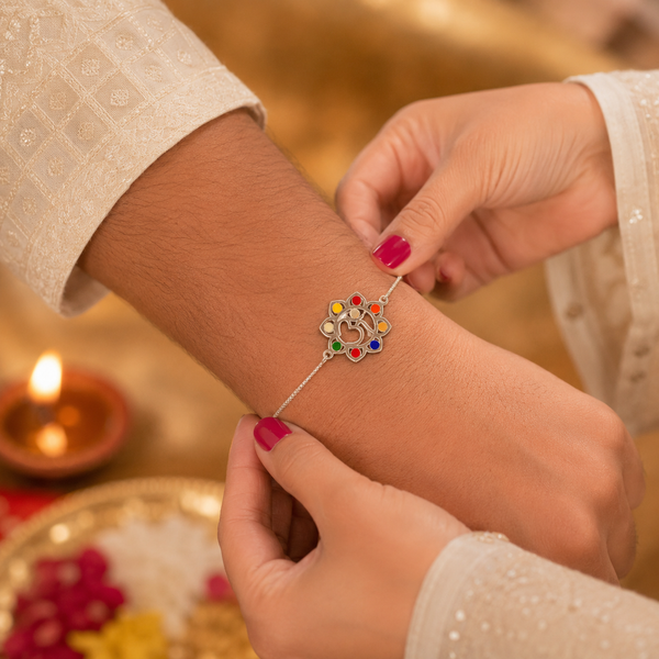 Om Floral Silver Rakhi