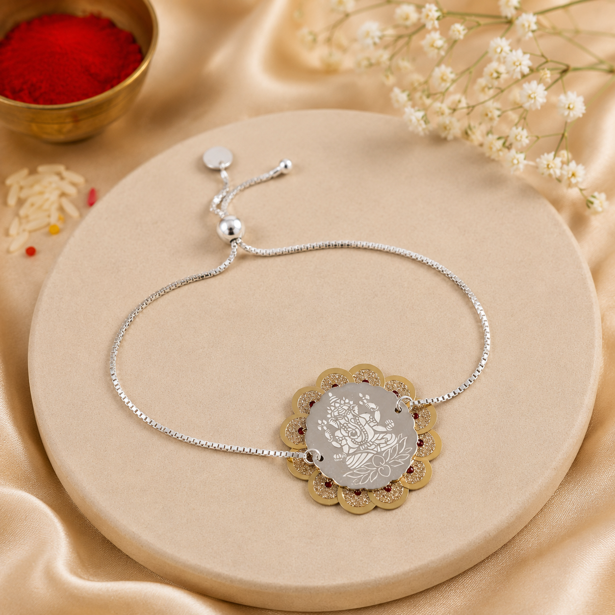 Floral Ganesha Silver Rakhi