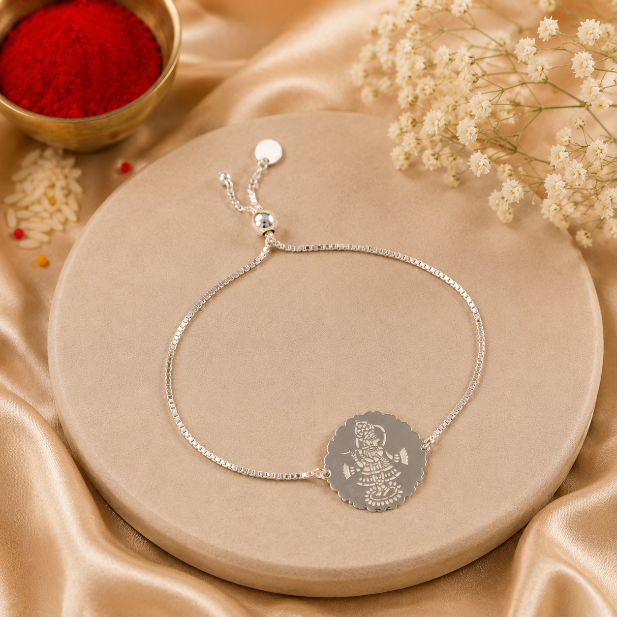 Krishna Engraved Silver Rakhi