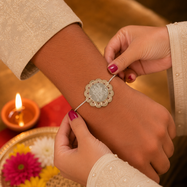 Floral Durga Silver Rakhi