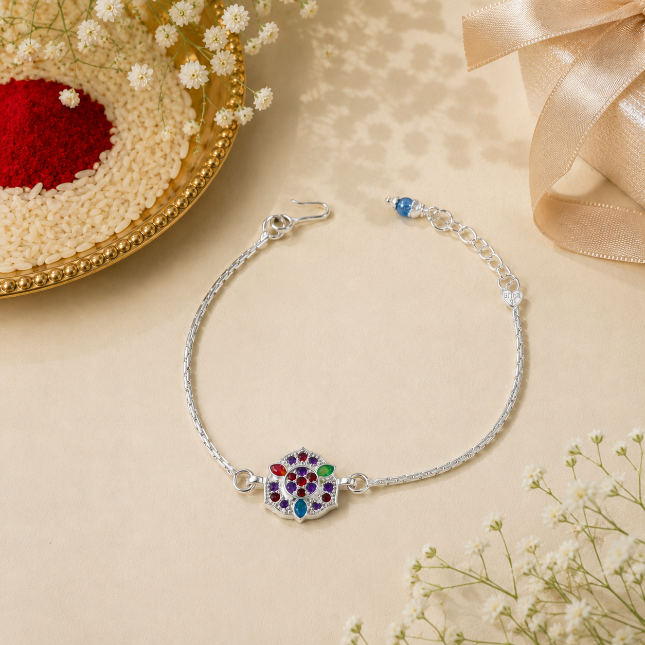 Multicolor Floral Silver Rakhi