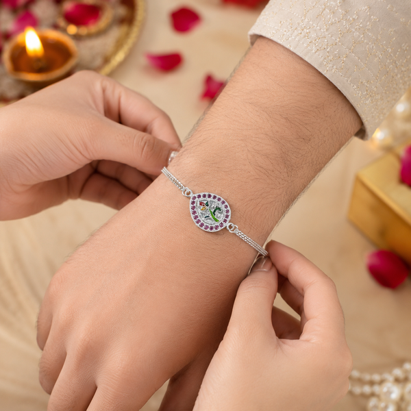 Peacock Motif Silver Rakhi