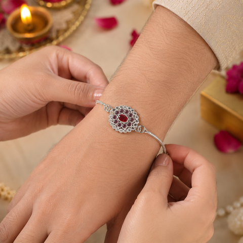 Ruby Floral Silver Rakhi