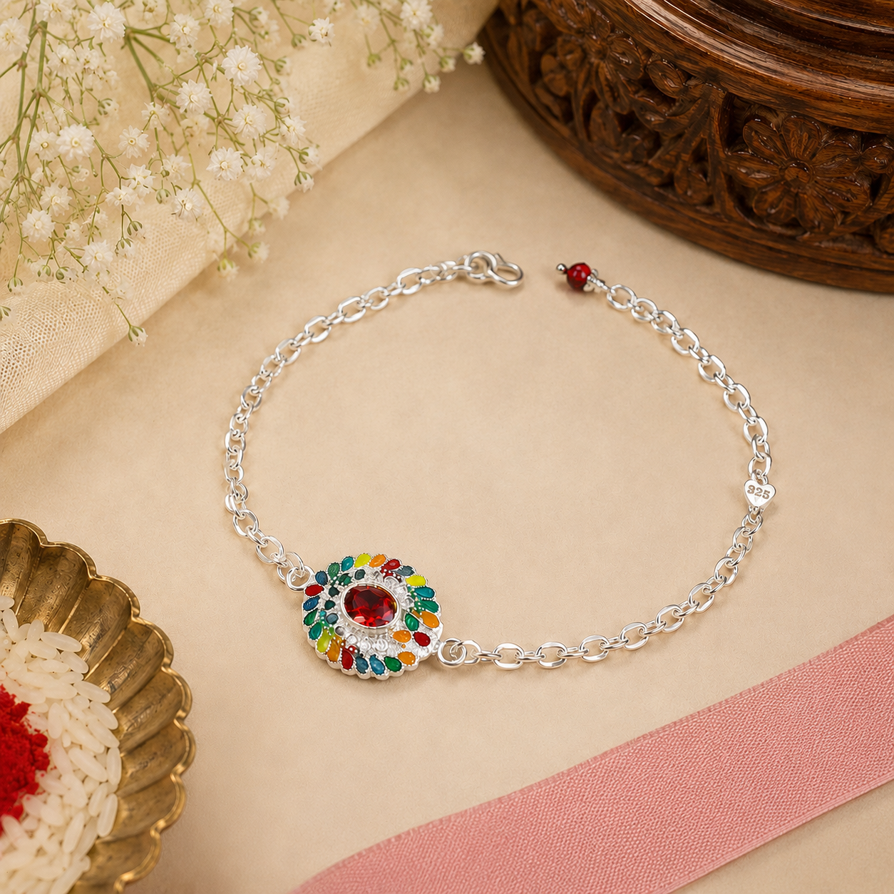 Multicolor Floral Stone Silver Rakhi