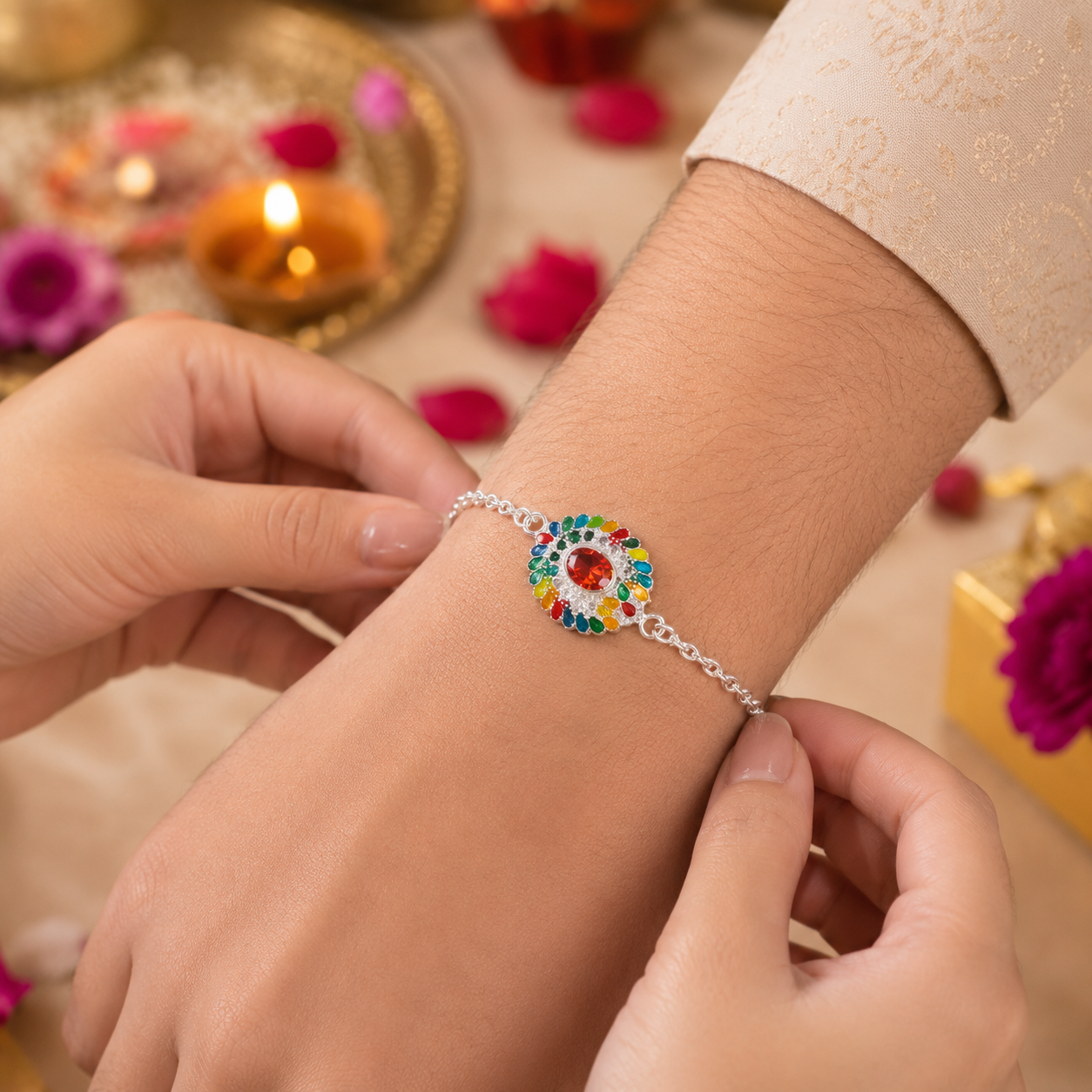 Multicolor Floral Stone Silver Rakhi