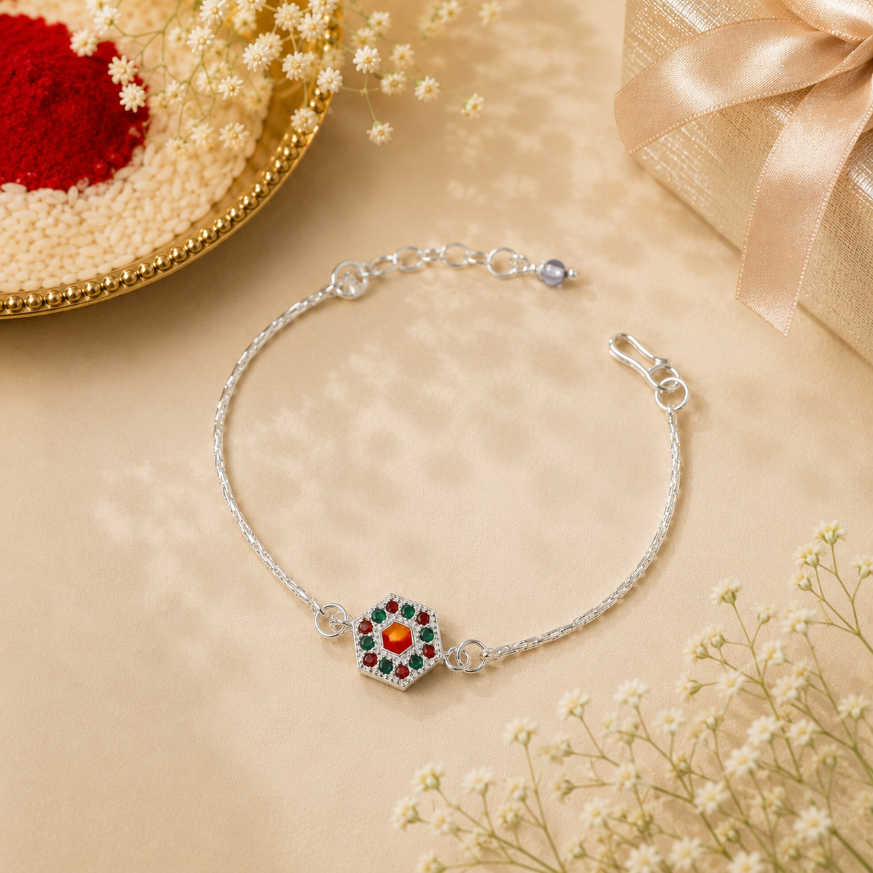 Hexagon Navratna Silver Rakhi