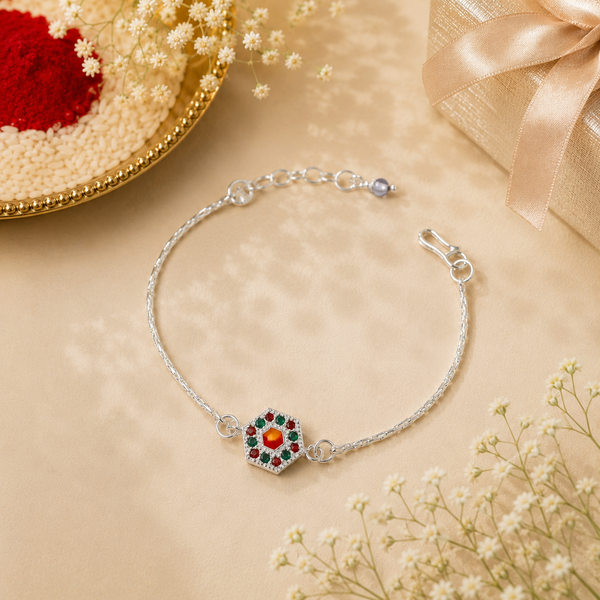 Hexagon Navratna Silver Rakhi