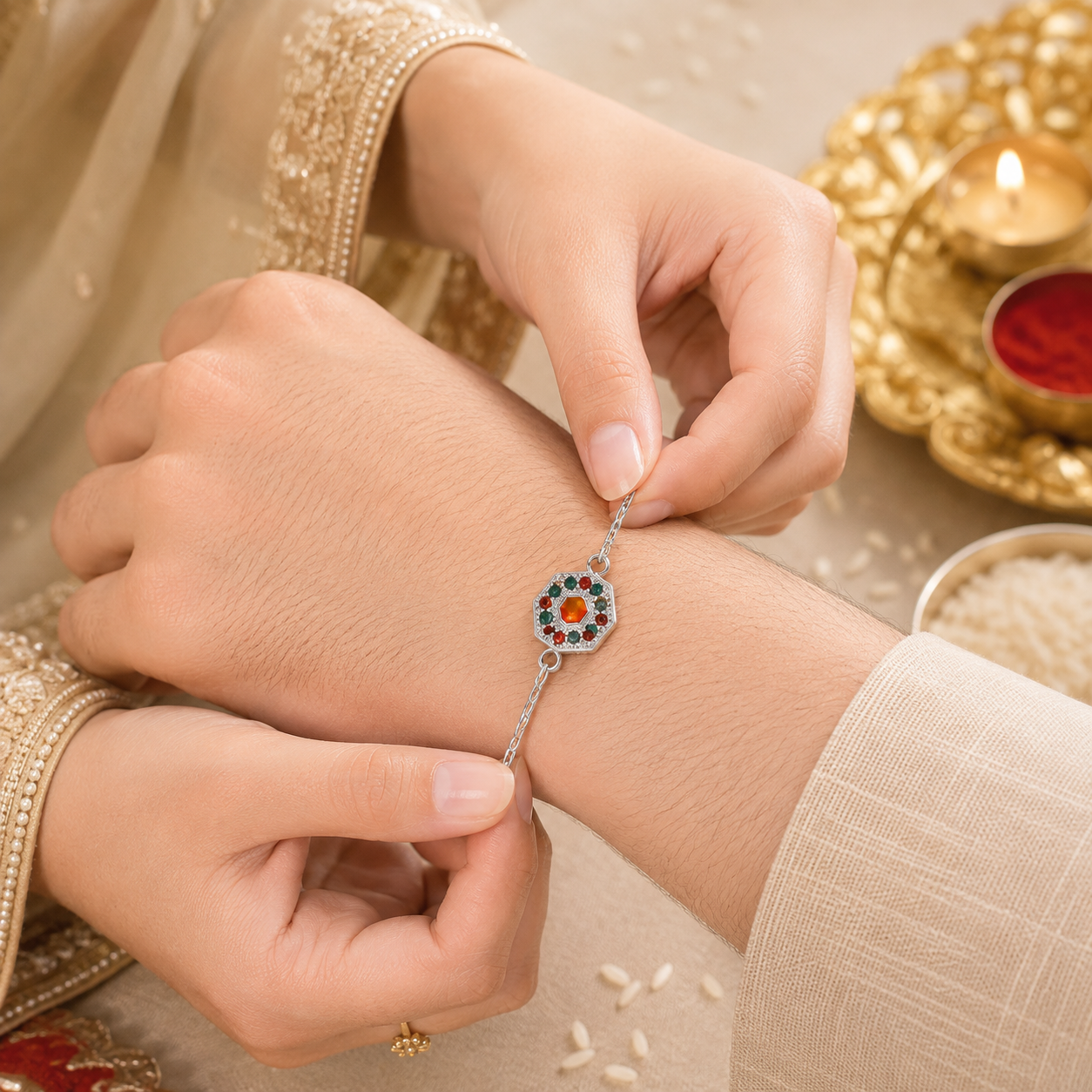 Hexagon Navratna Silver Rakhi