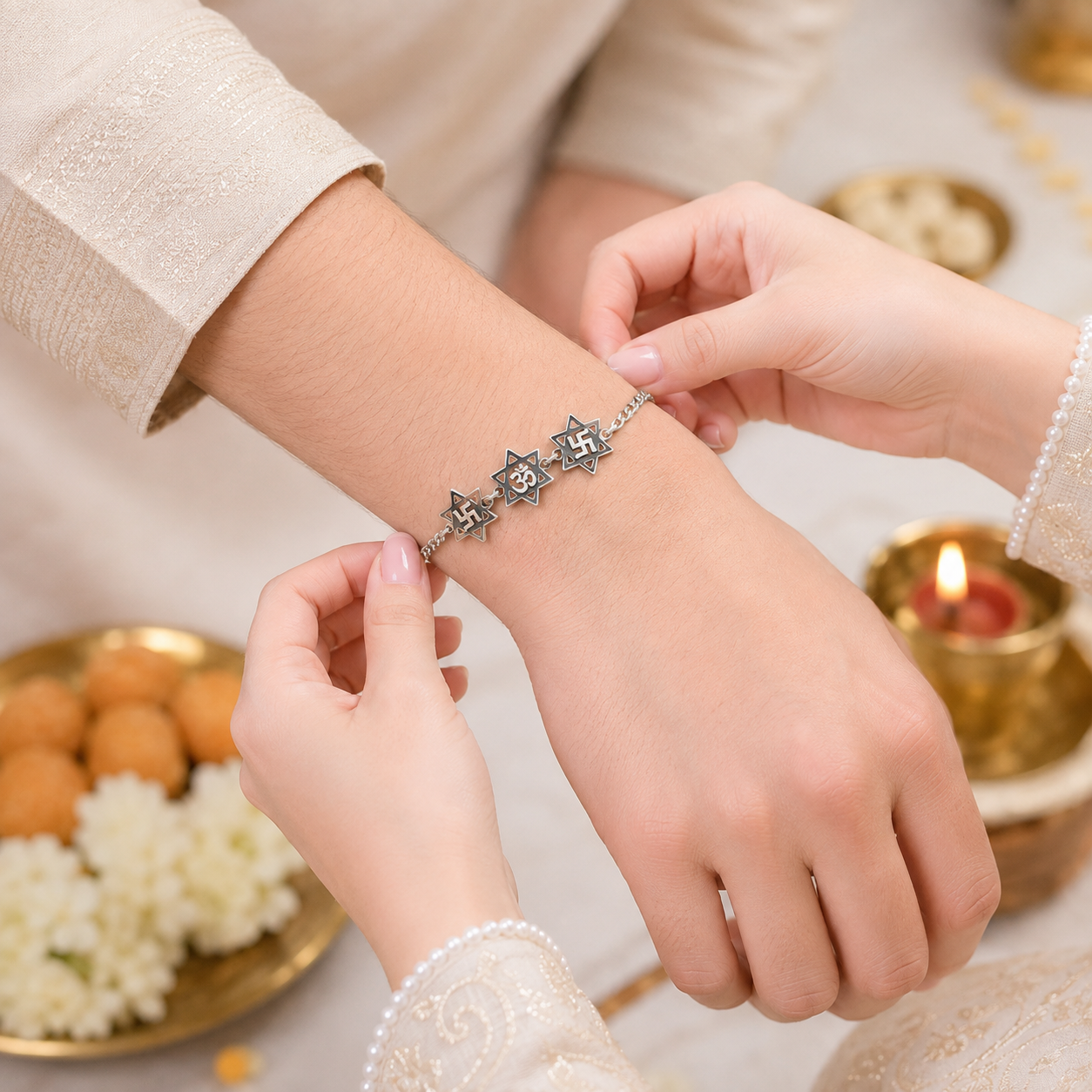 Triple Divine Symbol Bracelet Silver Rakhi