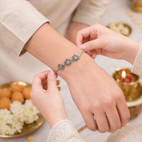 Triple Divine Symbol Bracelet Silver Rakhi