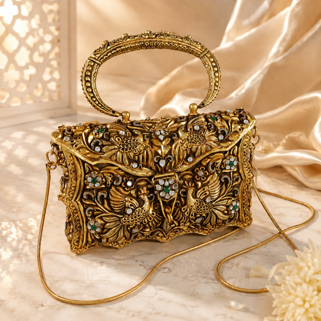 Traditional Peacock Clutch Silver Purse