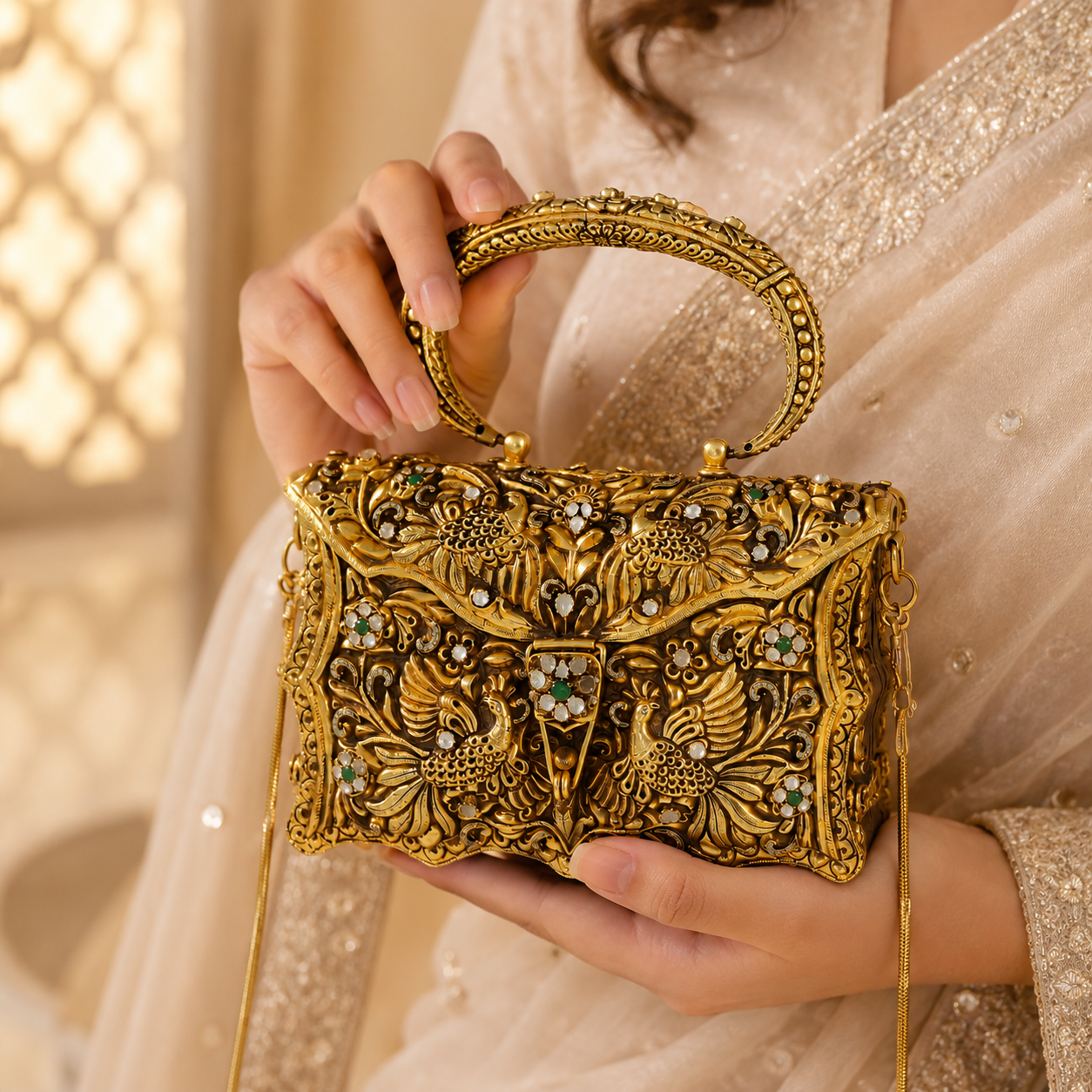 Traditional Peacock Clutch Silver Purse