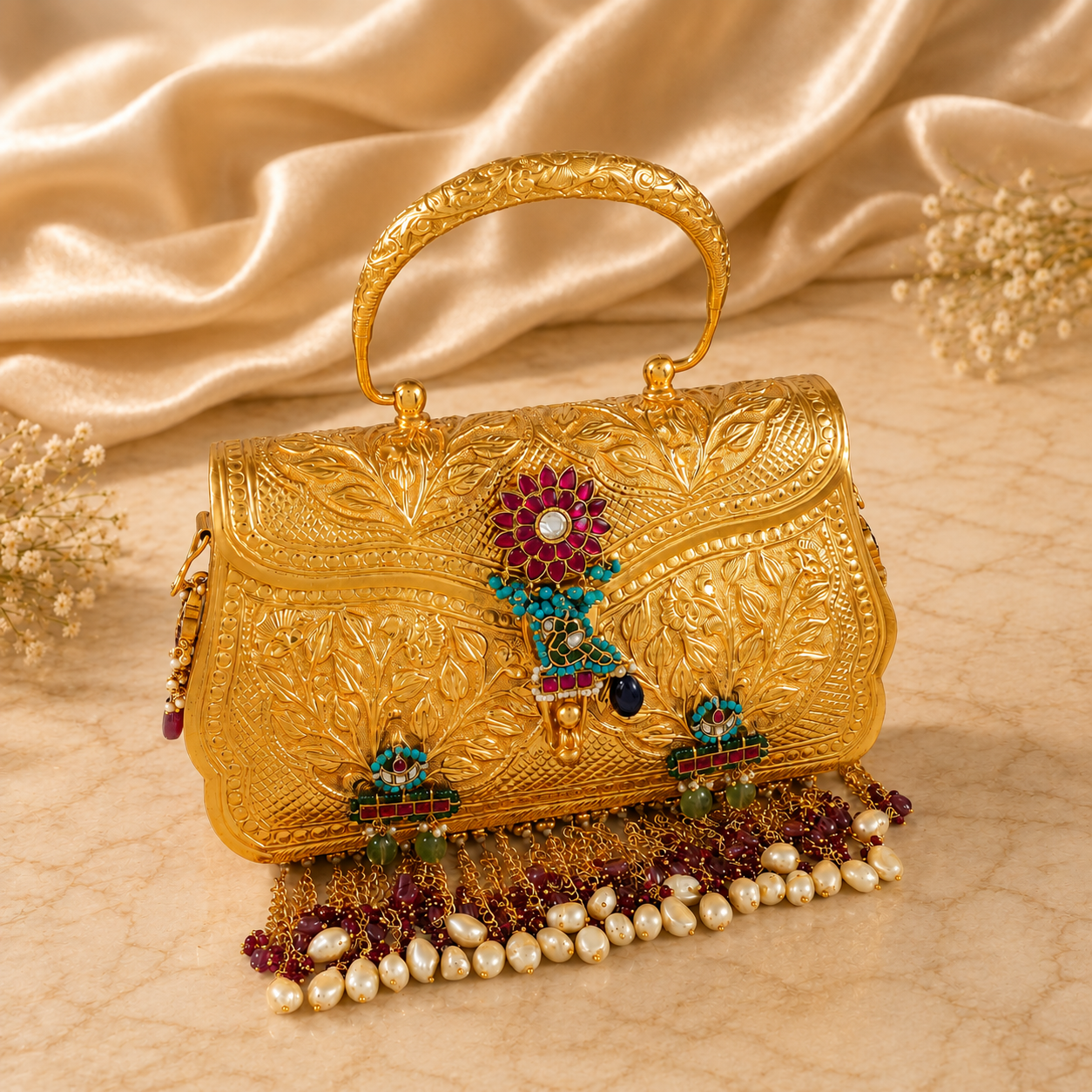 Maharani Kundan Pearl Silver Purse