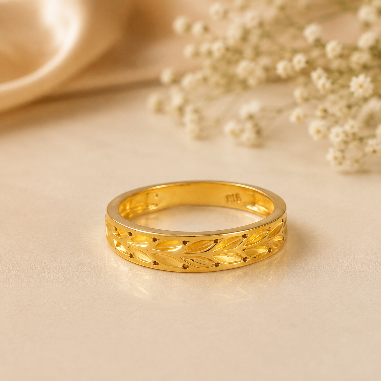 Naksh Leaf Pattern Gold Band Ring For Him