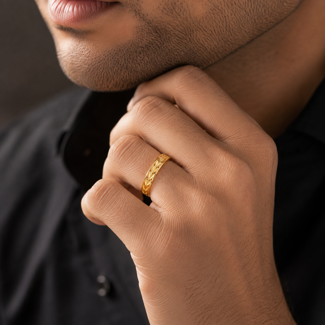 Naksh Leaf Pattern Gold Band Ring For Him