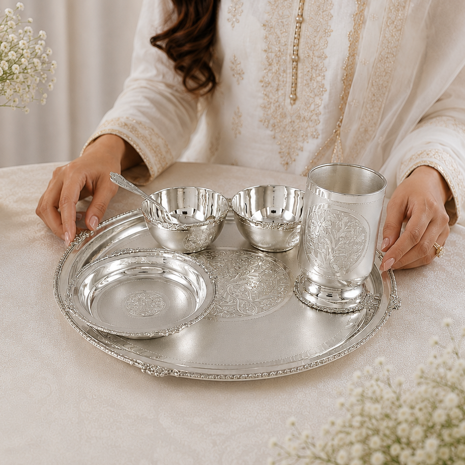 Shahi Floral Silver  Dinner Set