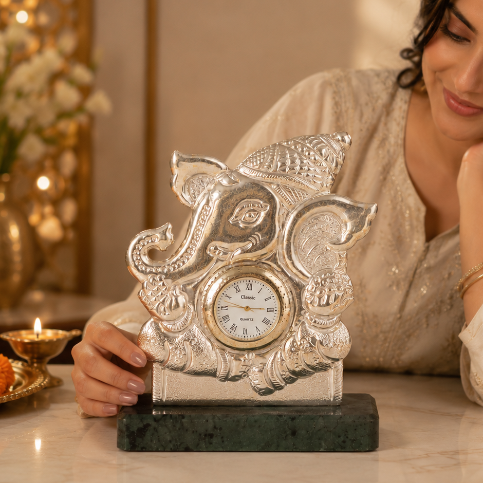 Blessings Ganesha Silver Table Clock