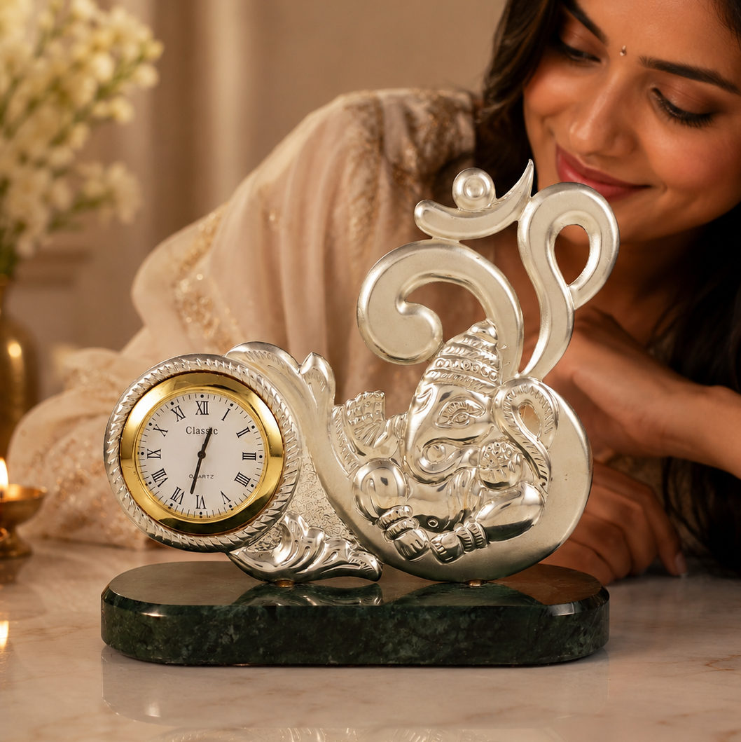 Divine Om Ganesha  Silver Table Clock