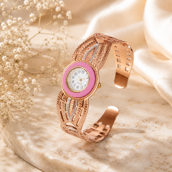 Rose Glow Cuff  Silver Bracelet Watch